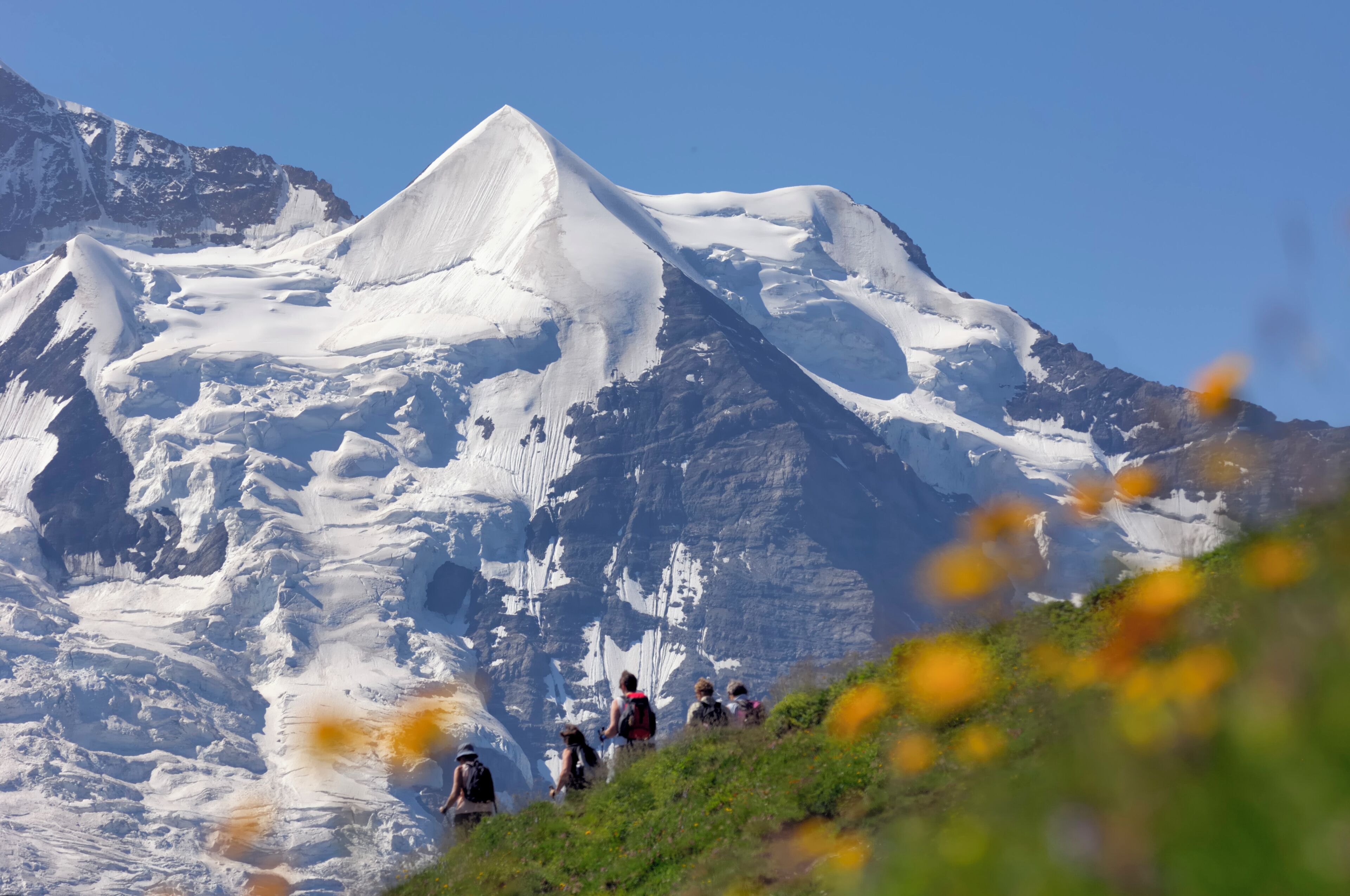 Montanha coberta de neve com caminhantes.