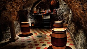 A dimly lit underground bar with hexagonal tiled flooring, wooden barrels, and a stone archway. - Hotel America (Locarno)