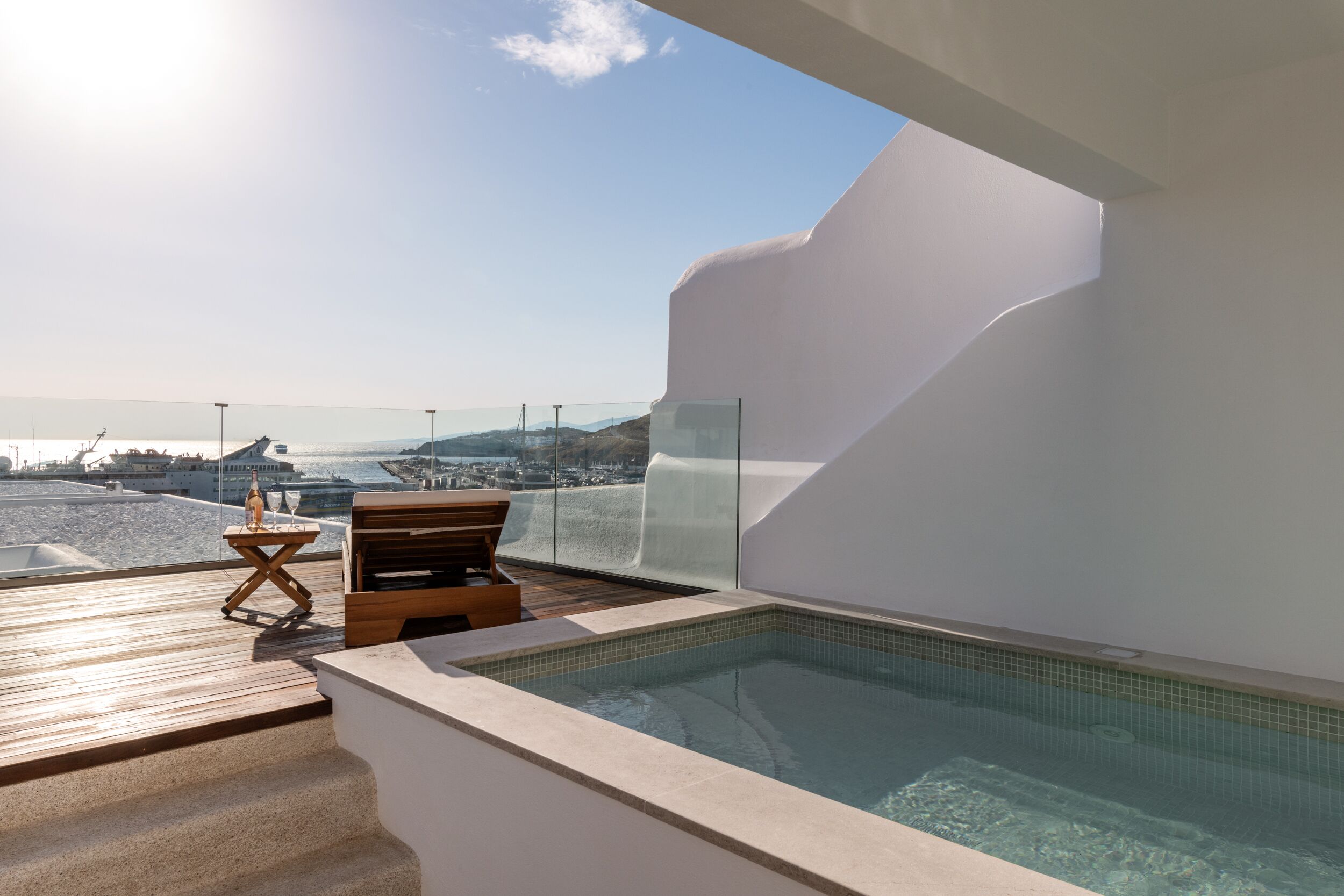 junior suite, private pool, sea view | terrace/patio