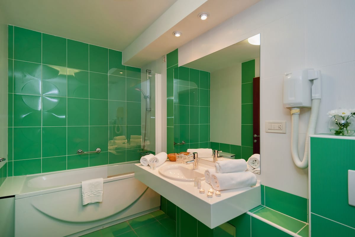 single room | bathroom | hair dryer, bathrobes, towels