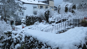 Ein Wohngebiet mit schneebedeckten Bäumen und einer Treppe, die zu einem Gebäude führt.
