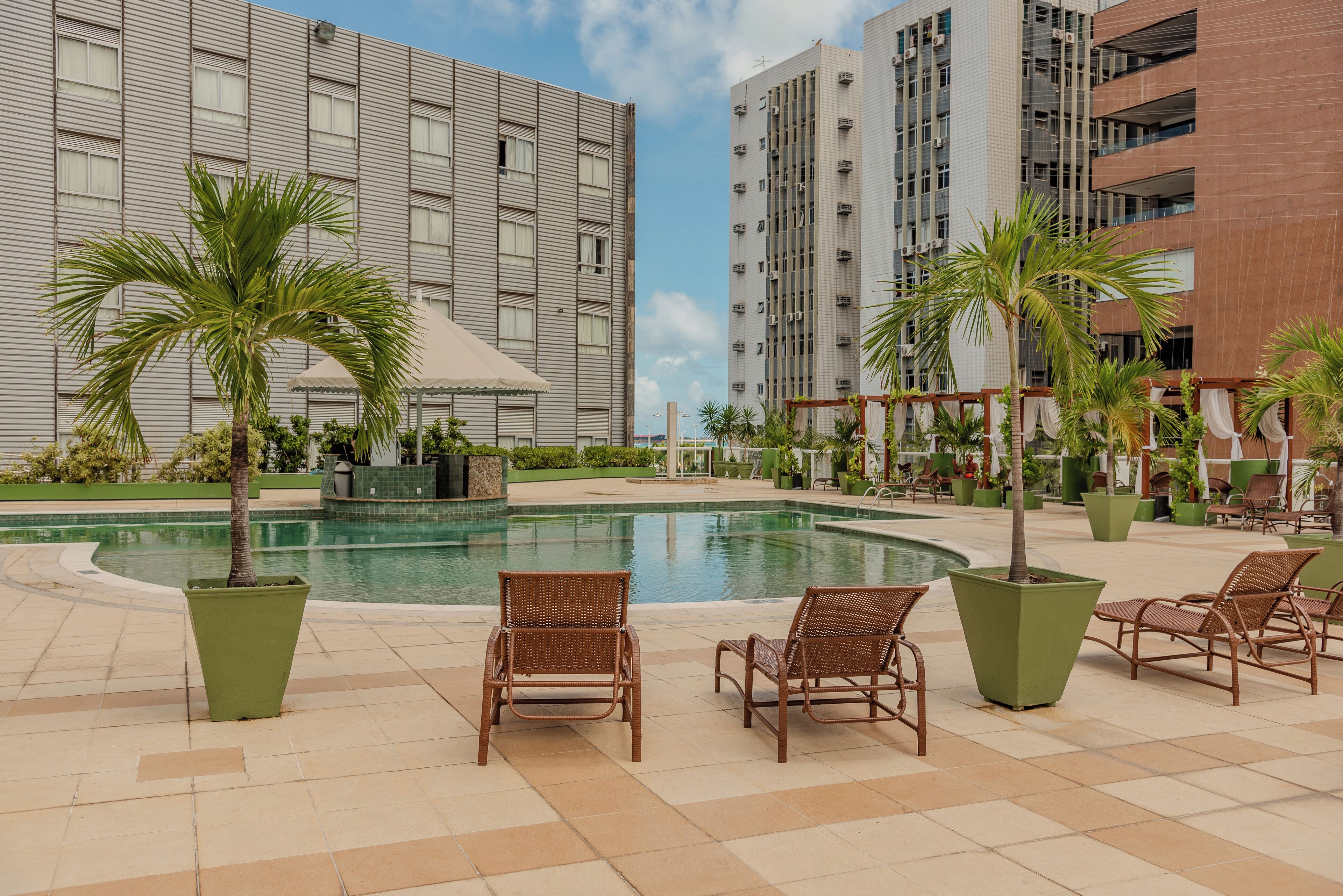 Outdoor pool, pool umbrellas, pool loungers