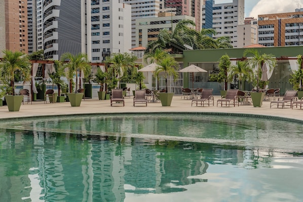 Outdoor pool, pool umbrellas, pool loungers