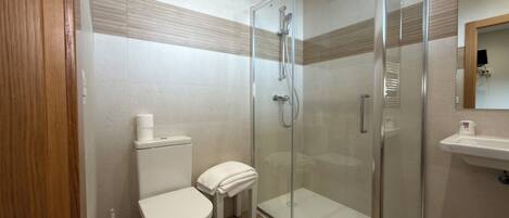 A modern bathroom with a toilet, a glass-enclosed shower, and a sink.