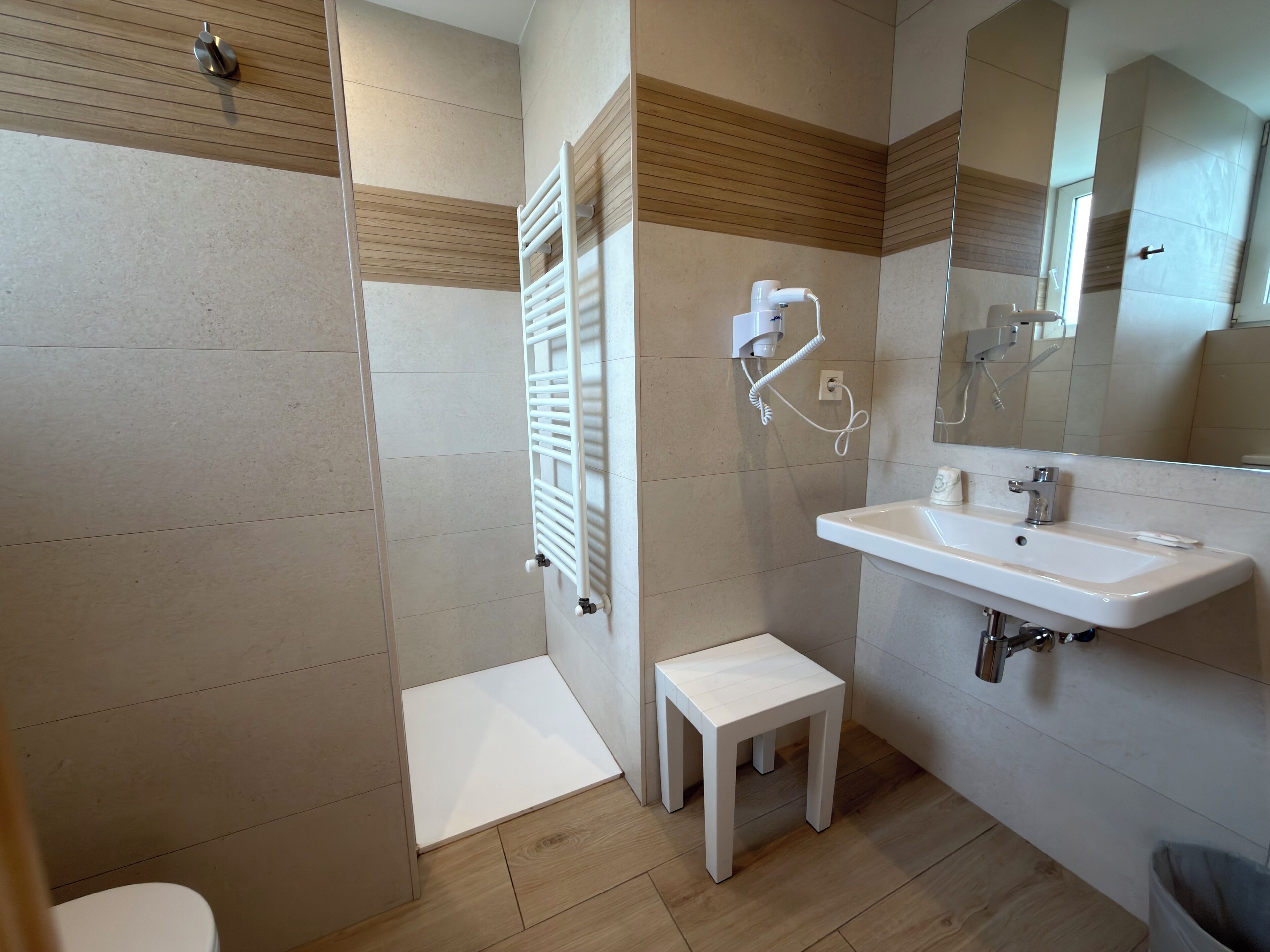 Een badkamer met een douche, een wastafel en een toilet.