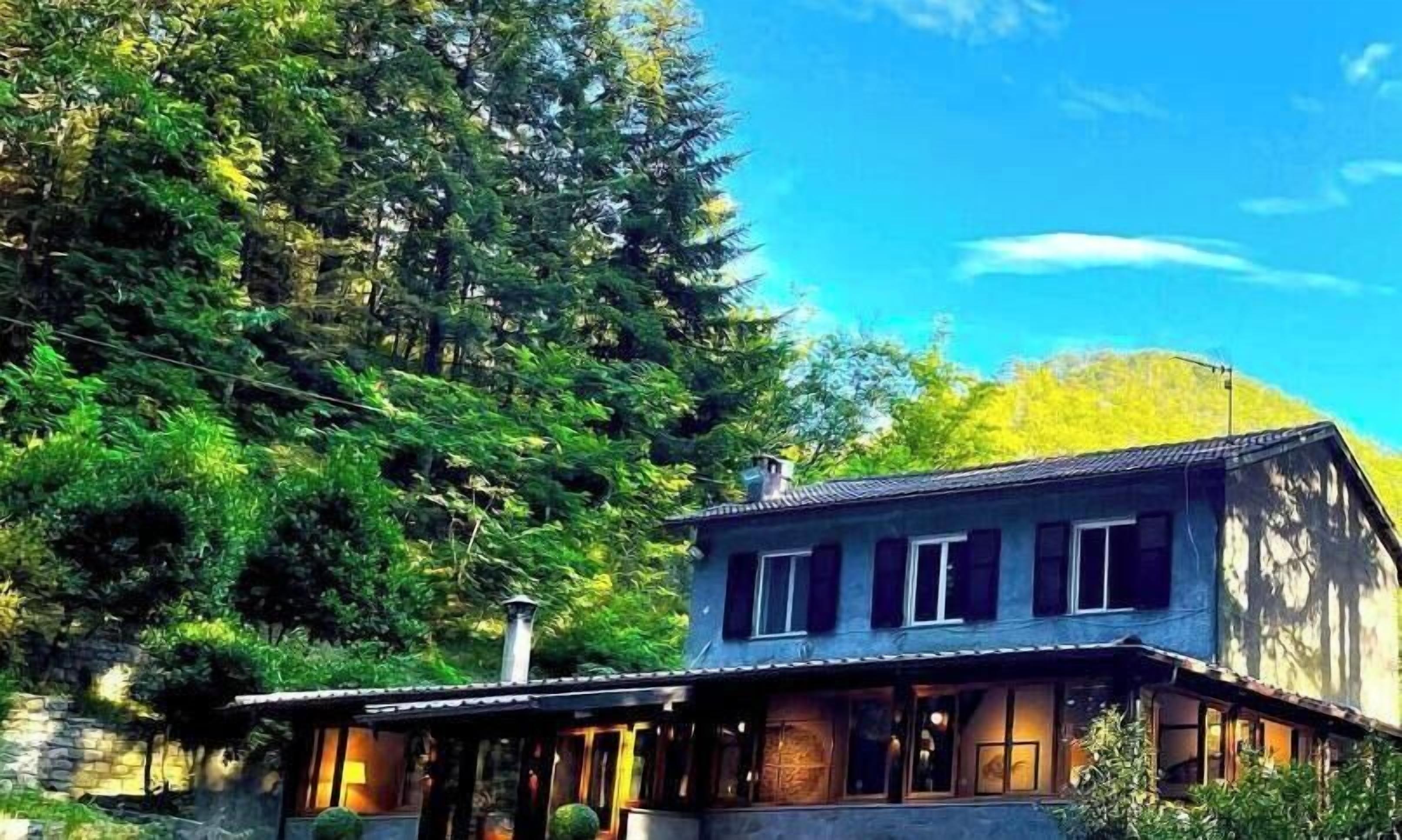 A two-story house with a covered porch, surrounded by dense forest.