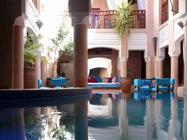 Area piscina con una poltrona prendisole, un divano e una palma.