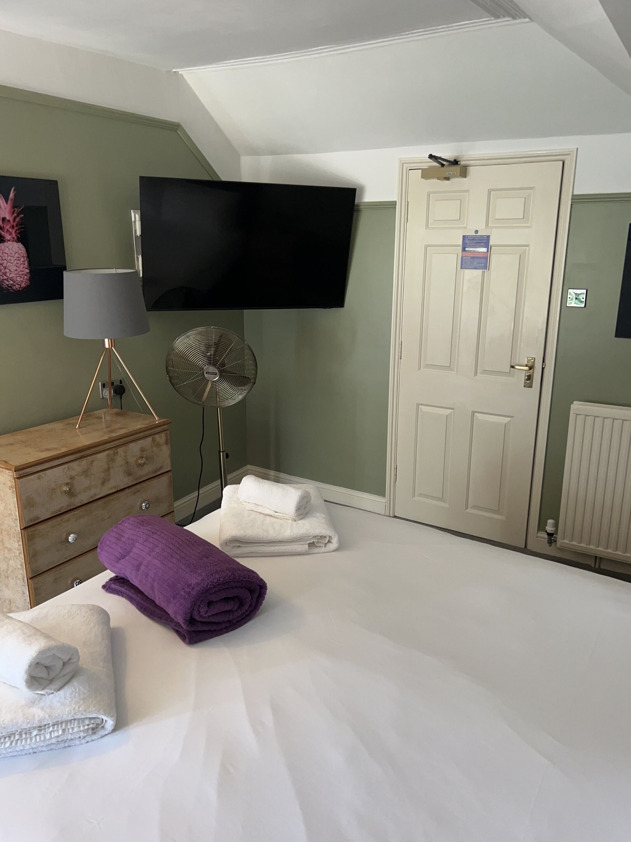 A bedroom with a bed, a dresser, a TV, a fan, and a door.