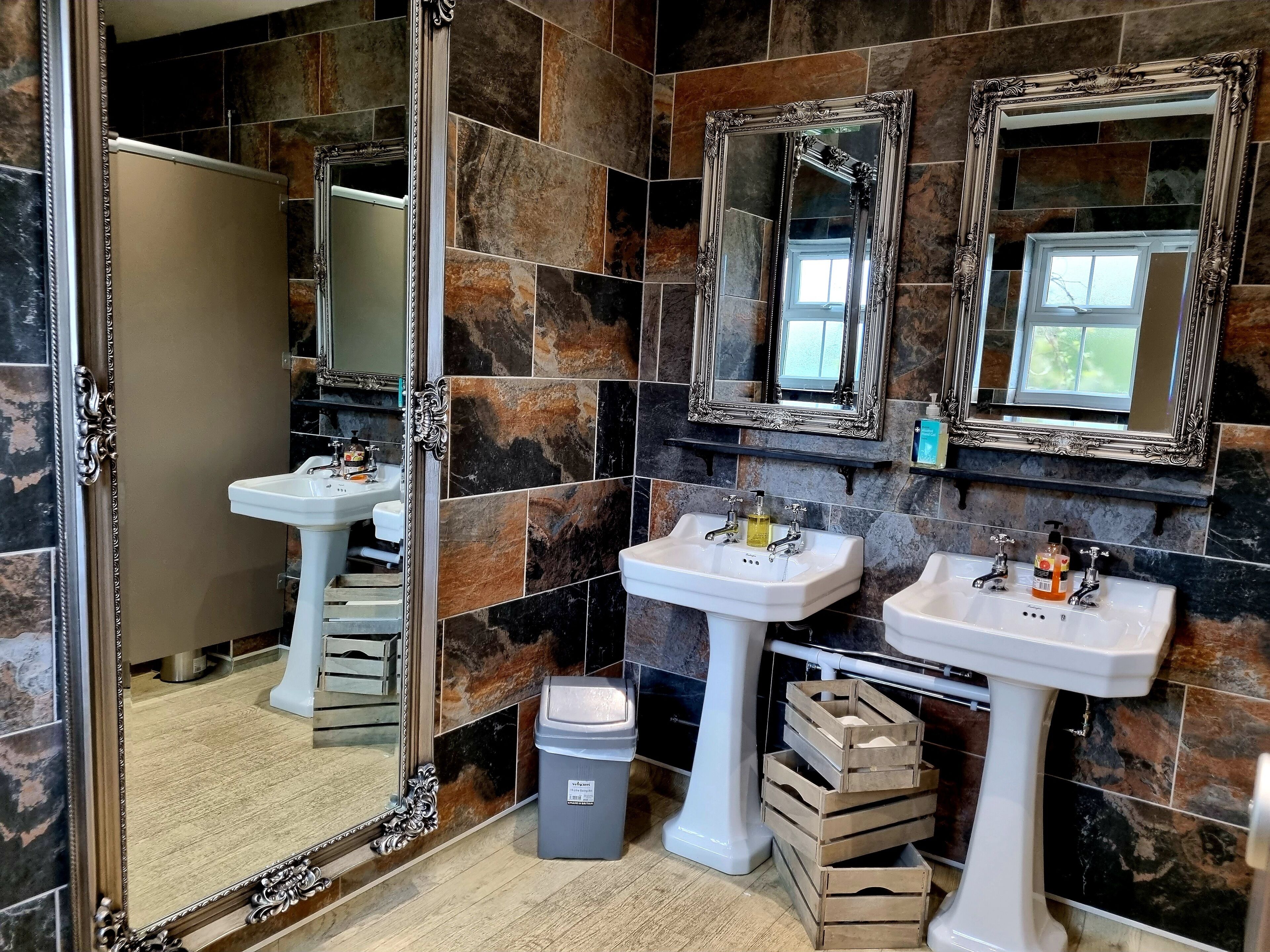 A bathroom with two sinks, a mirror, and a trash bin.