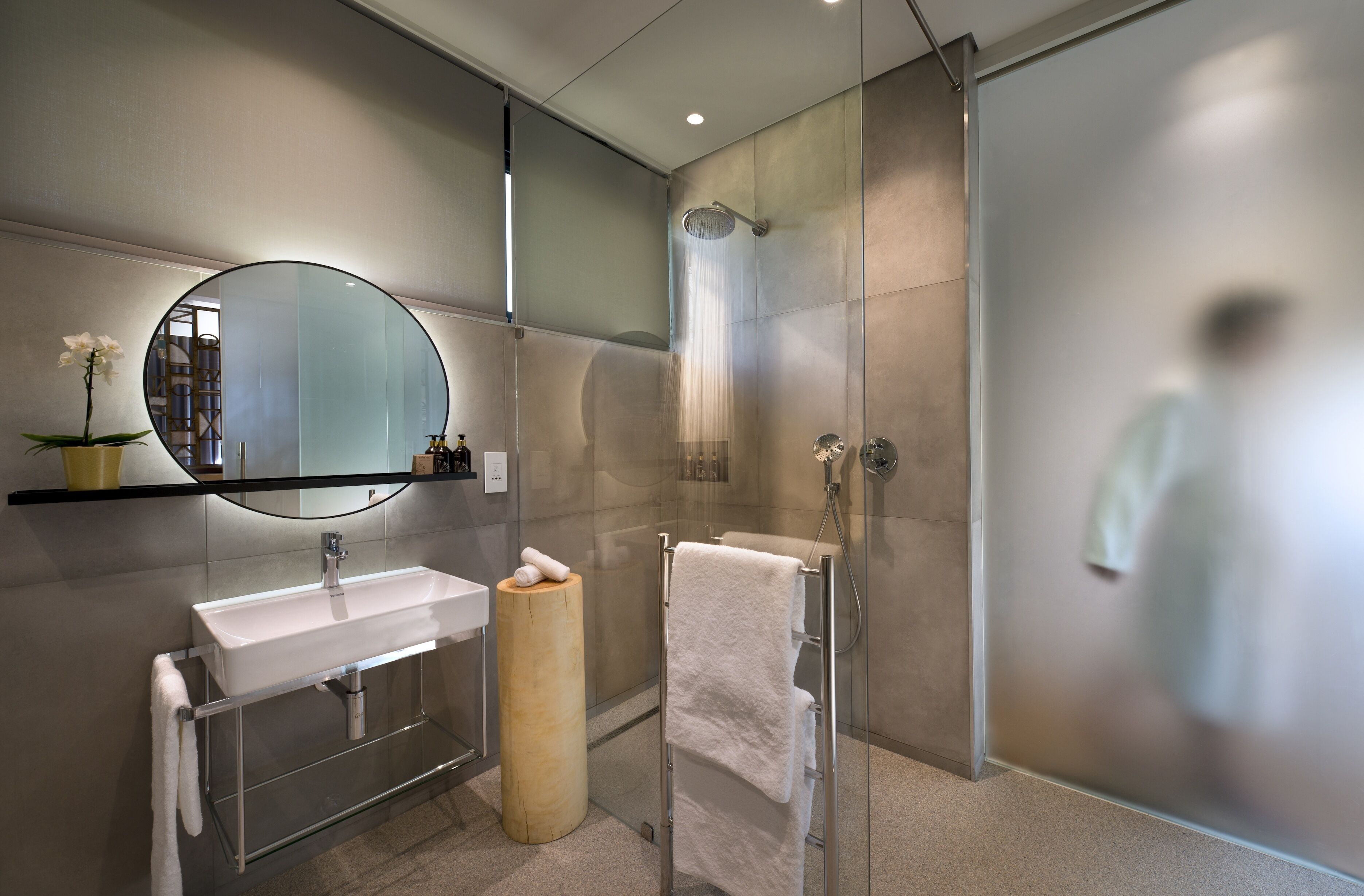 luxury room | bathroom | separate bathtub and shower, rainfall showerhead, designer toiletries