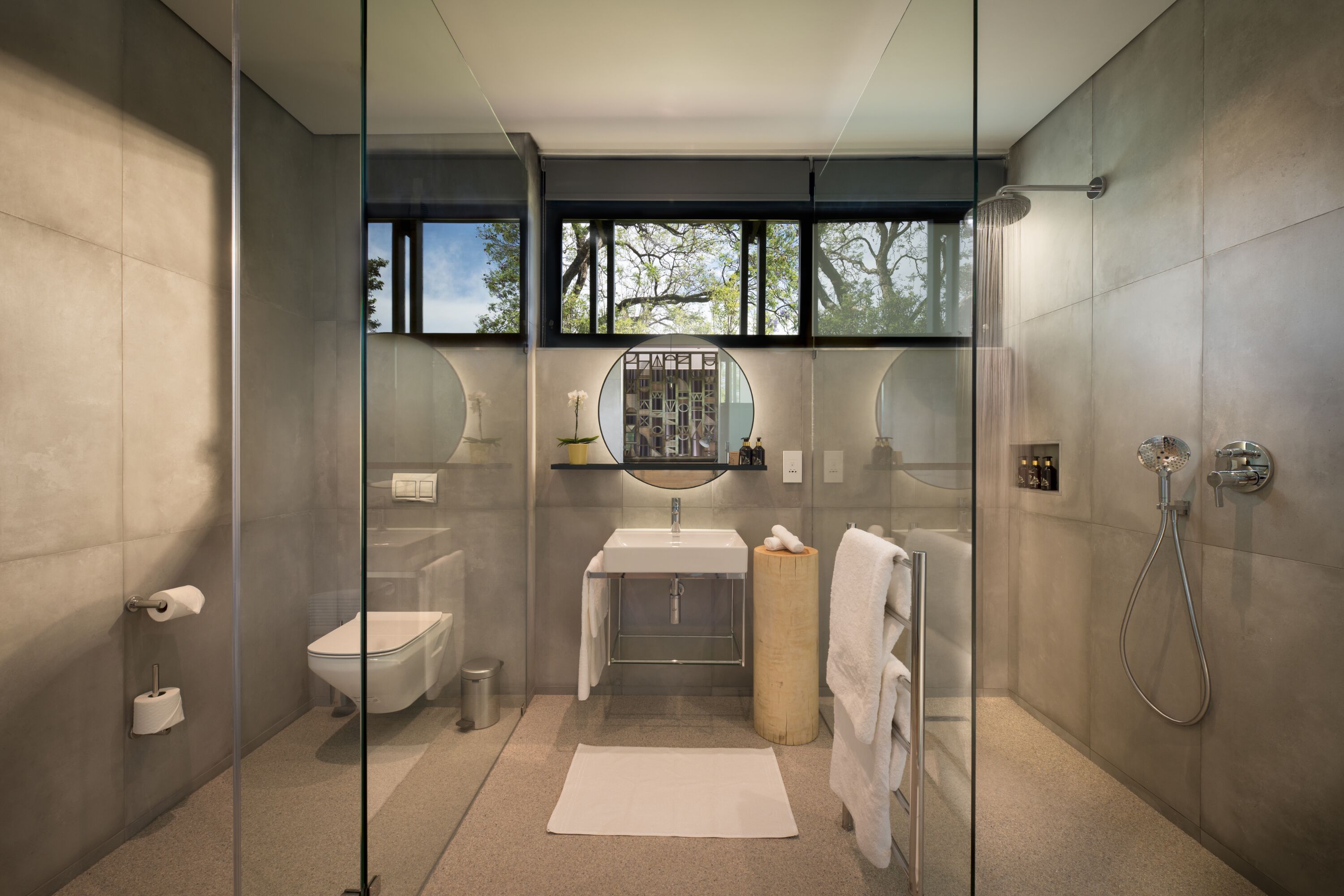 luxury room | bathroom | separate bathtub and shower, rainfall showerhead, designer toiletries
