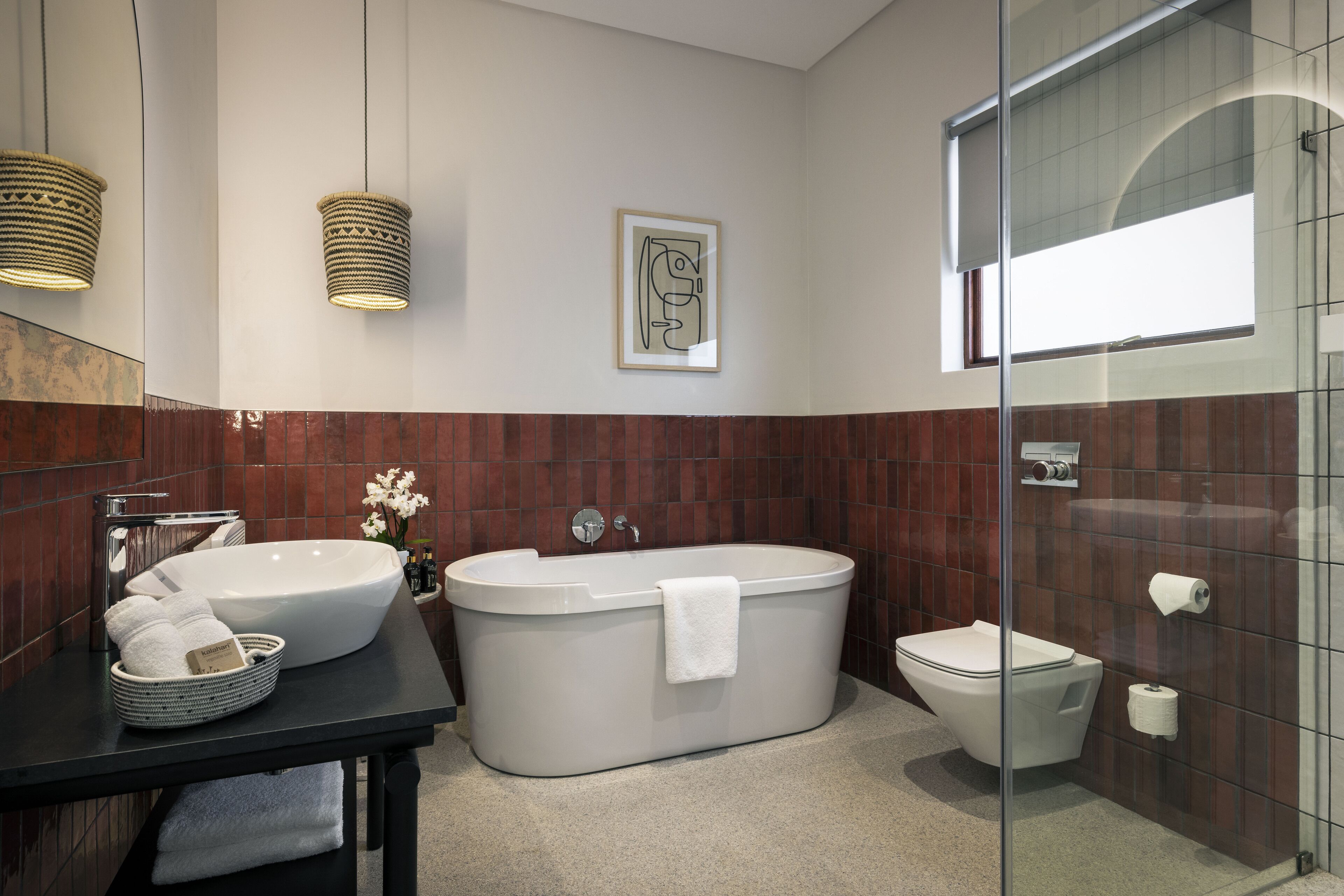 classic room | bathroom | separate bathtub and shower, rainfall showerhead, designer toiletries