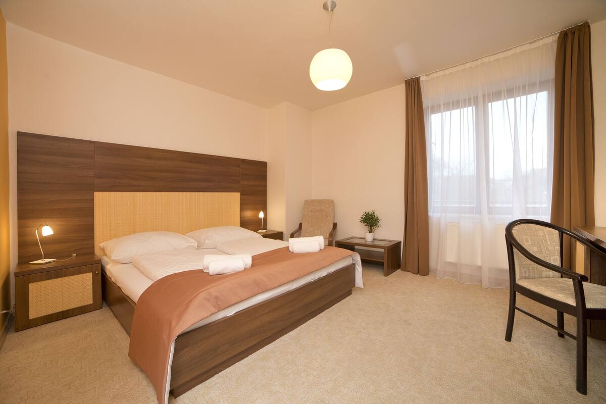 A hotel room with a wooden headboard, a bed with white linens, a bedside lamp, a chair, a small table with a plant, and a large window with curtains.