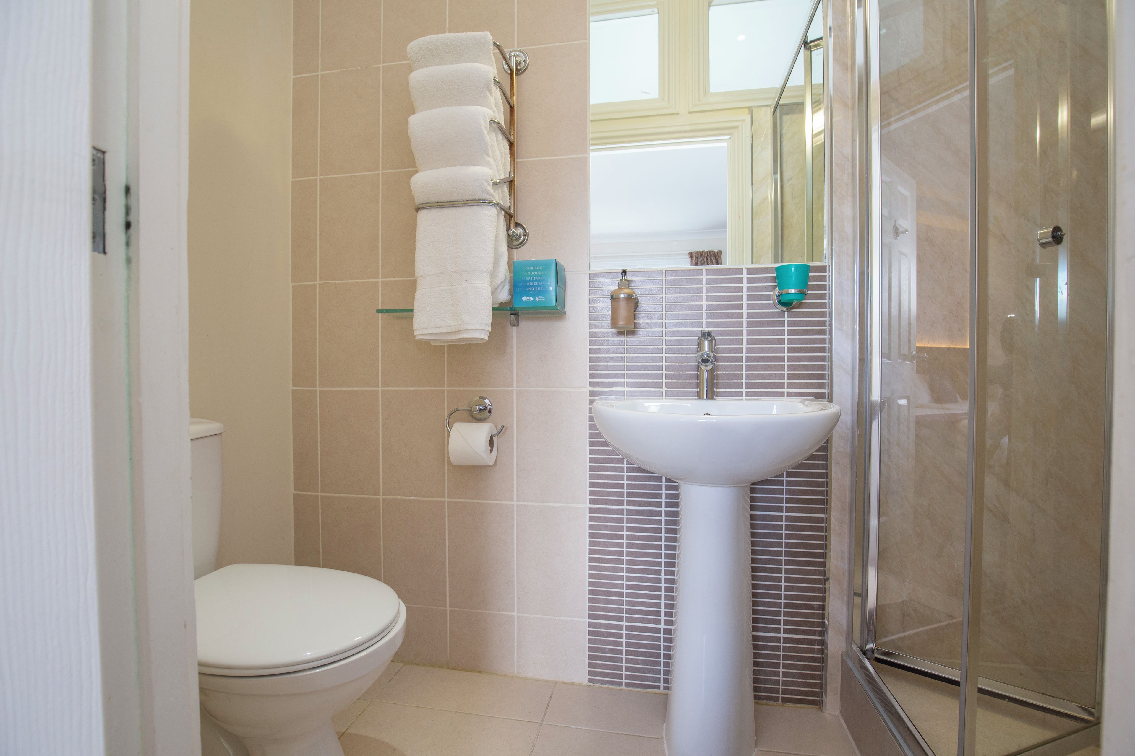 Un baño con inodoro, lavabo y ducha.