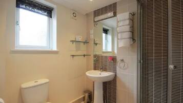 A bathroom with a toilet, sink, and shower area.
