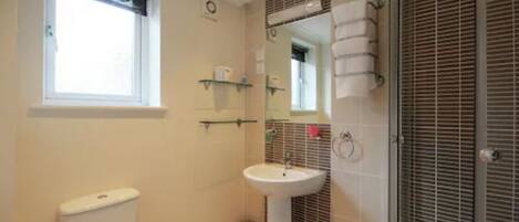 A bathroom with a toilet, sink, and shower area.