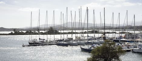 A marina with multiple sailboats docked, a grassy area in the foreground, and a mountainous landscape in the background.