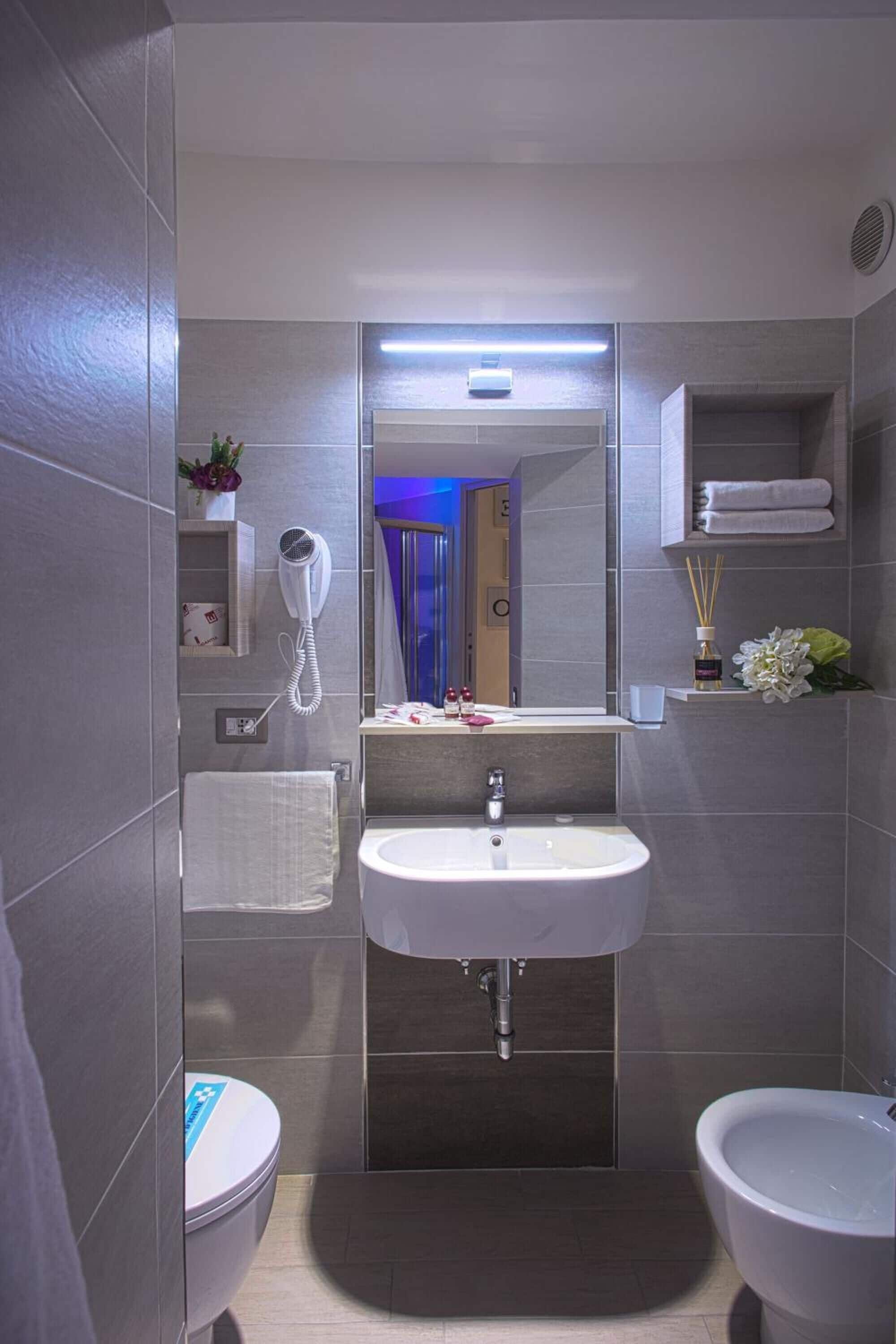 shower, free toiletries, hair dryer, towels