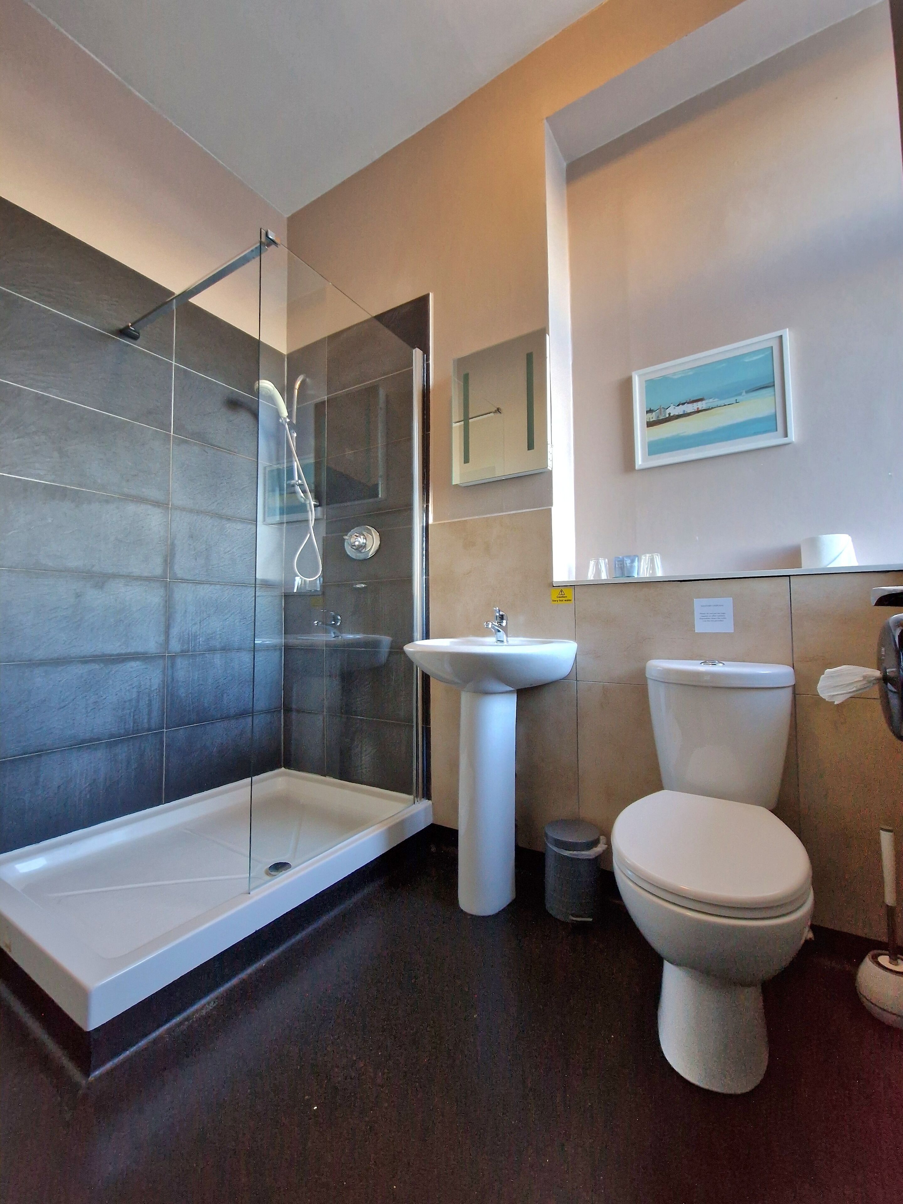 A modern bathroom with a glass-enclosed shower, a pedestal sink, and a toilet.
