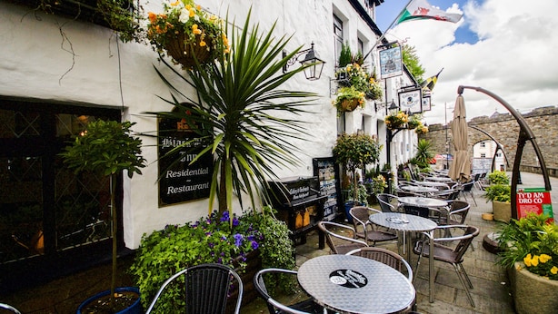 An outdoor seating area with tables and chairs, surrounded by potted plants and flowers. - Black Boy Inn (Caernarfon)