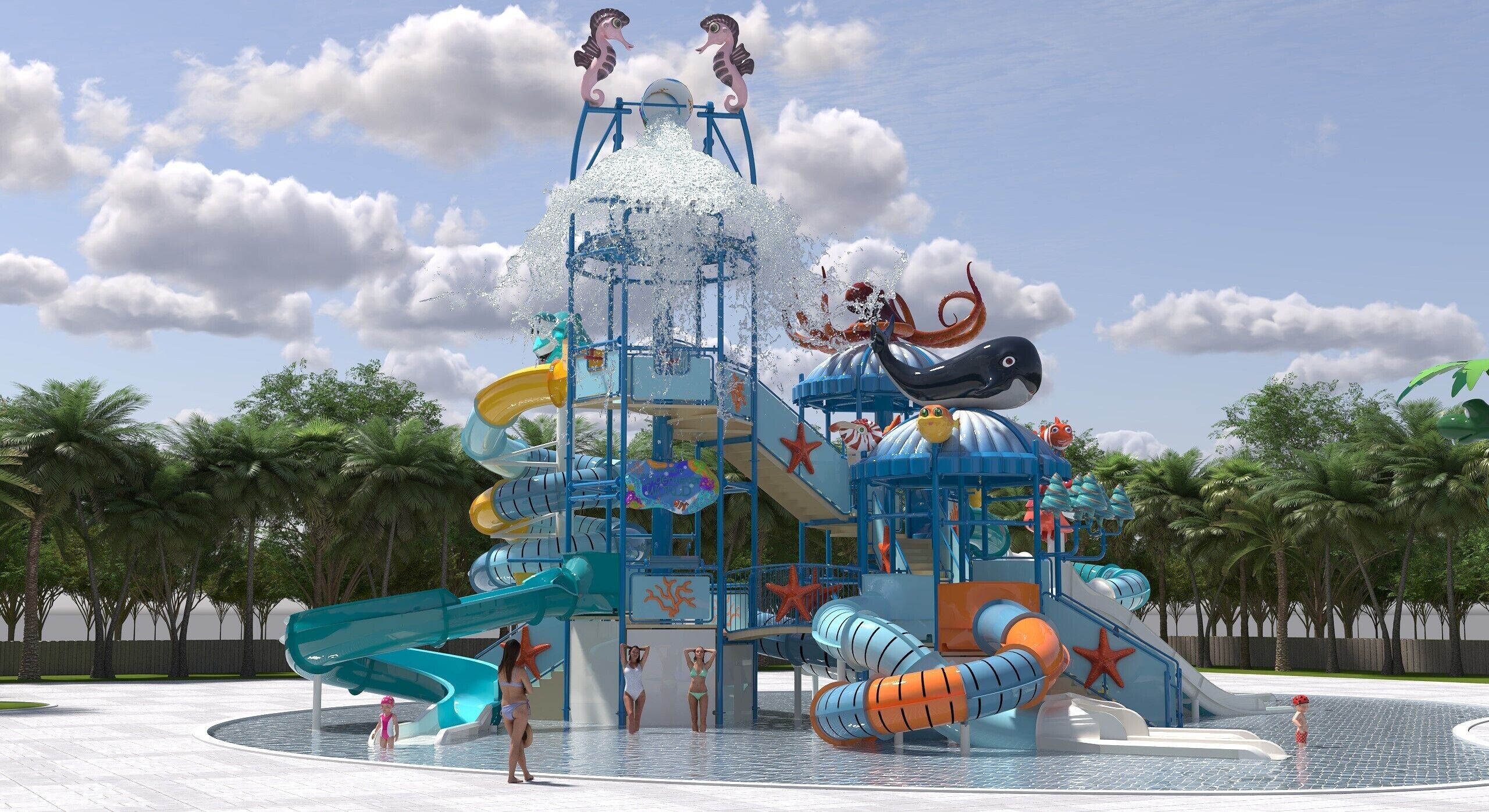 Een waterpark met glijbanen en een fontein in het midden.