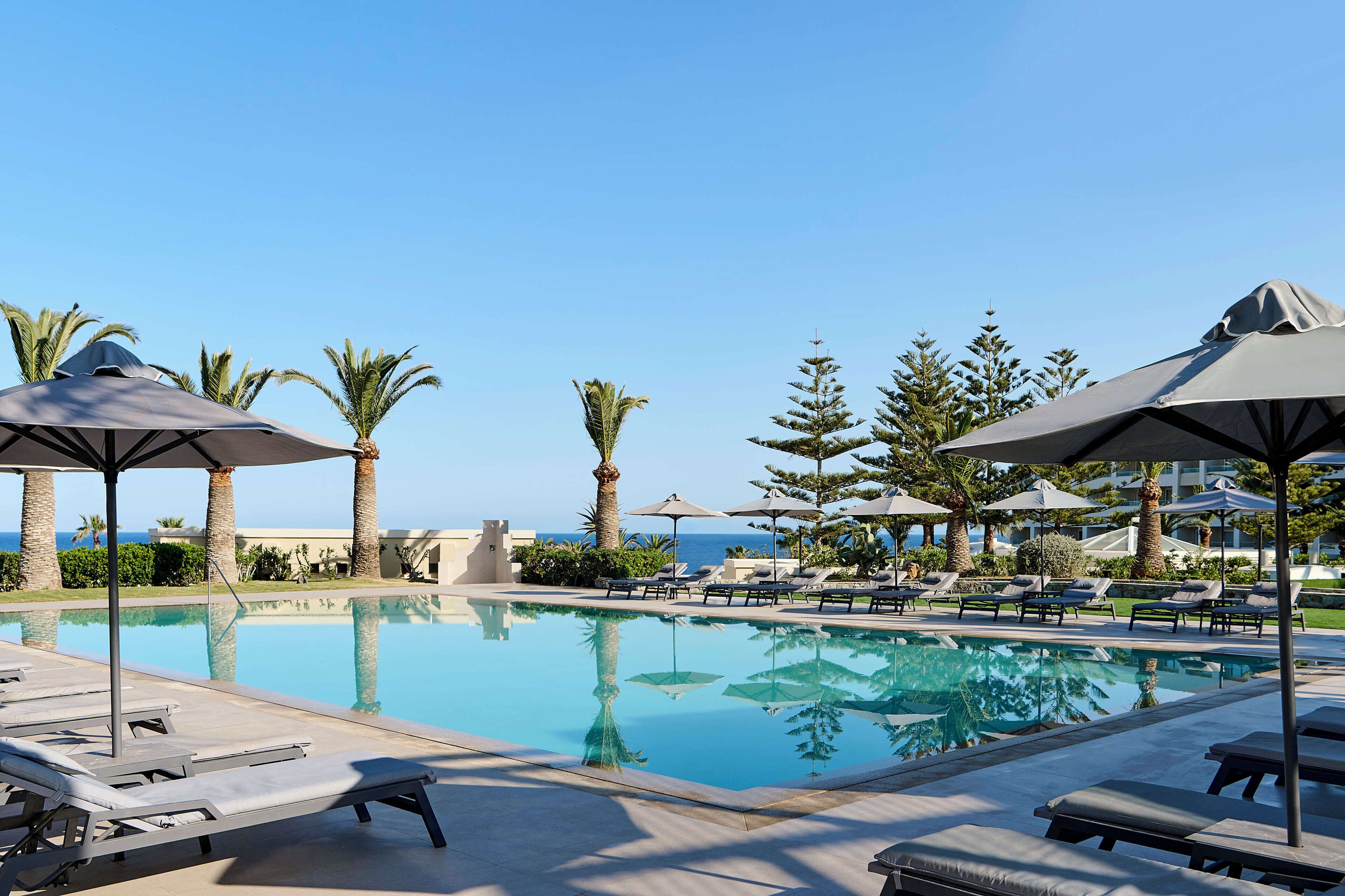 A poolside area with lounge chairs and umbrellas, palm trees, and a clear view of the ocean.
