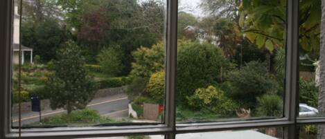 A view through a window with a concrete ledge, trees, and a road.