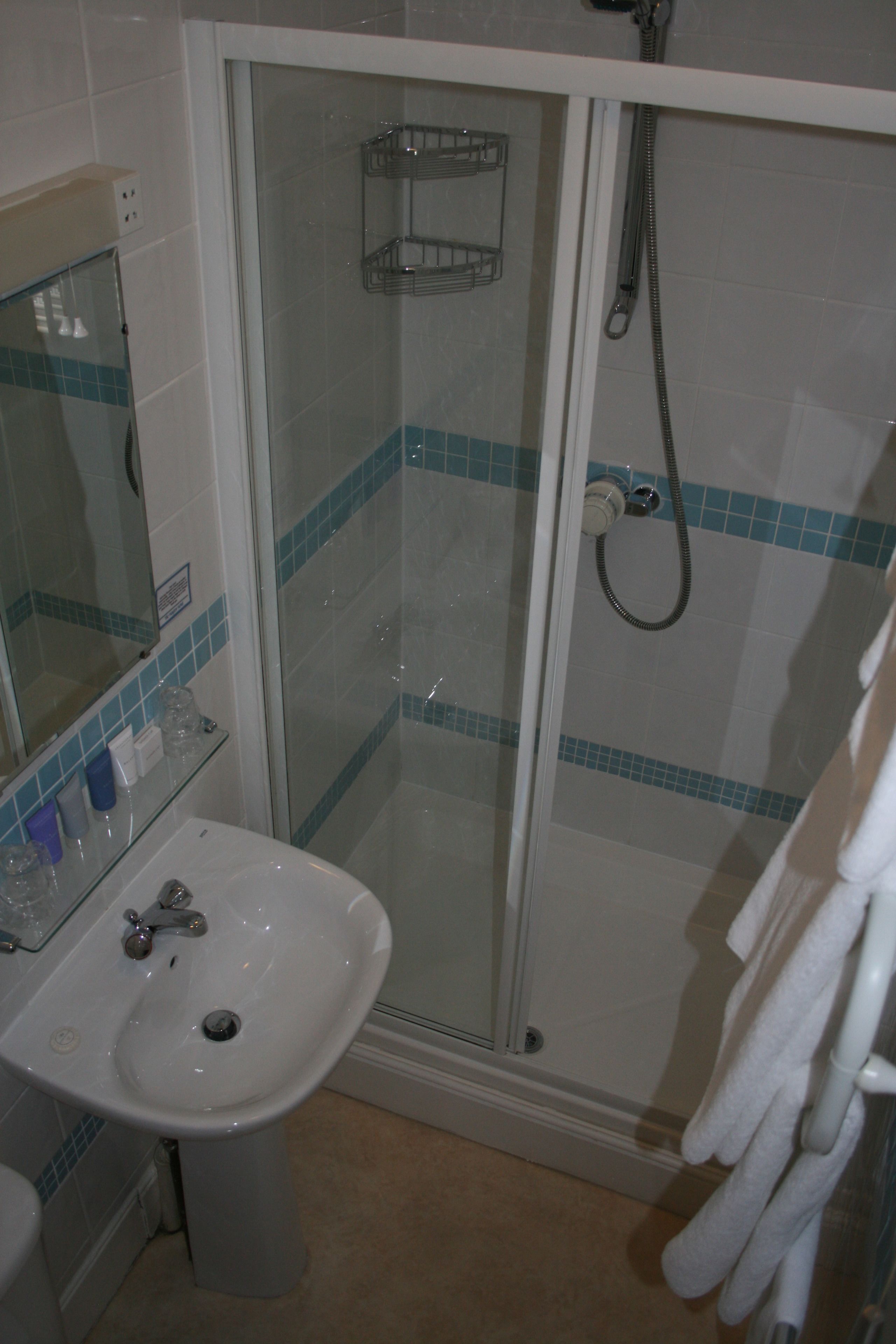 Un baño con ducha de vidrio, un lavamanos blanco y un espejo.