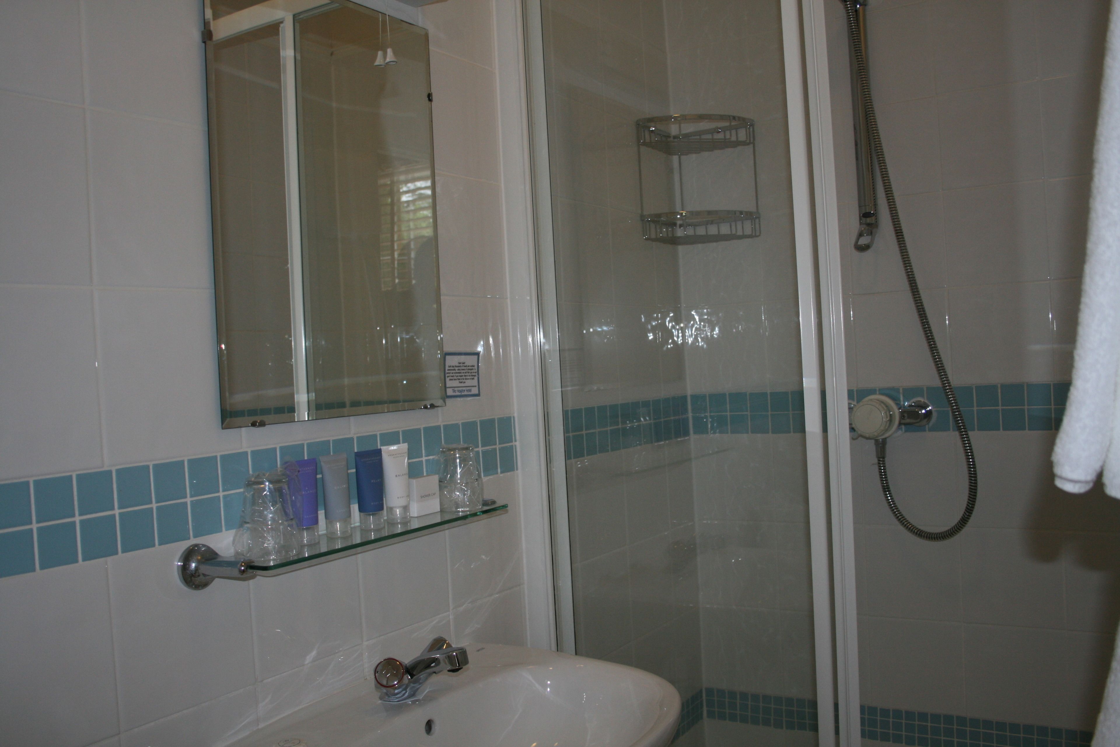 Une salle de bain avec une douche à parois de verre, un lavabo avec un miroir au-dessus et une étagère contenant des articles de toilette.