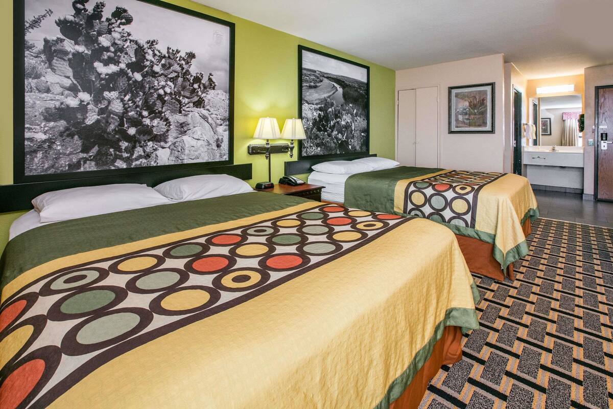 Una habitación de hotel con dos camas, una mesita de noche con lámpara, un cuadro grande enmarcado en la pared y una alfombra estampada.