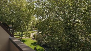 On aperçoit un jardin luxuriant, verdoyant, avec de grands arbres et un sentier qui mène à un bâtiment.