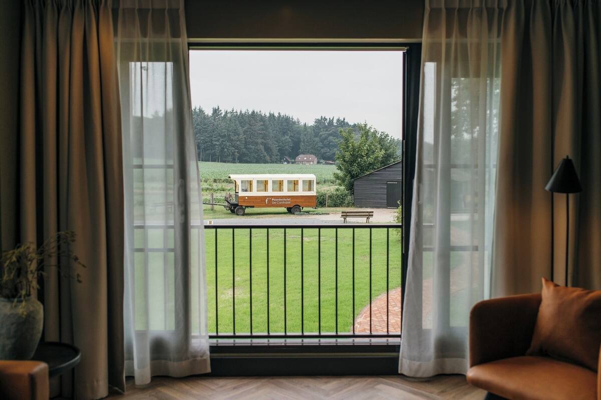 Una habitación con un ventanal grande que da a un espacio cubierto de césped con una estructura de madera y un banco.