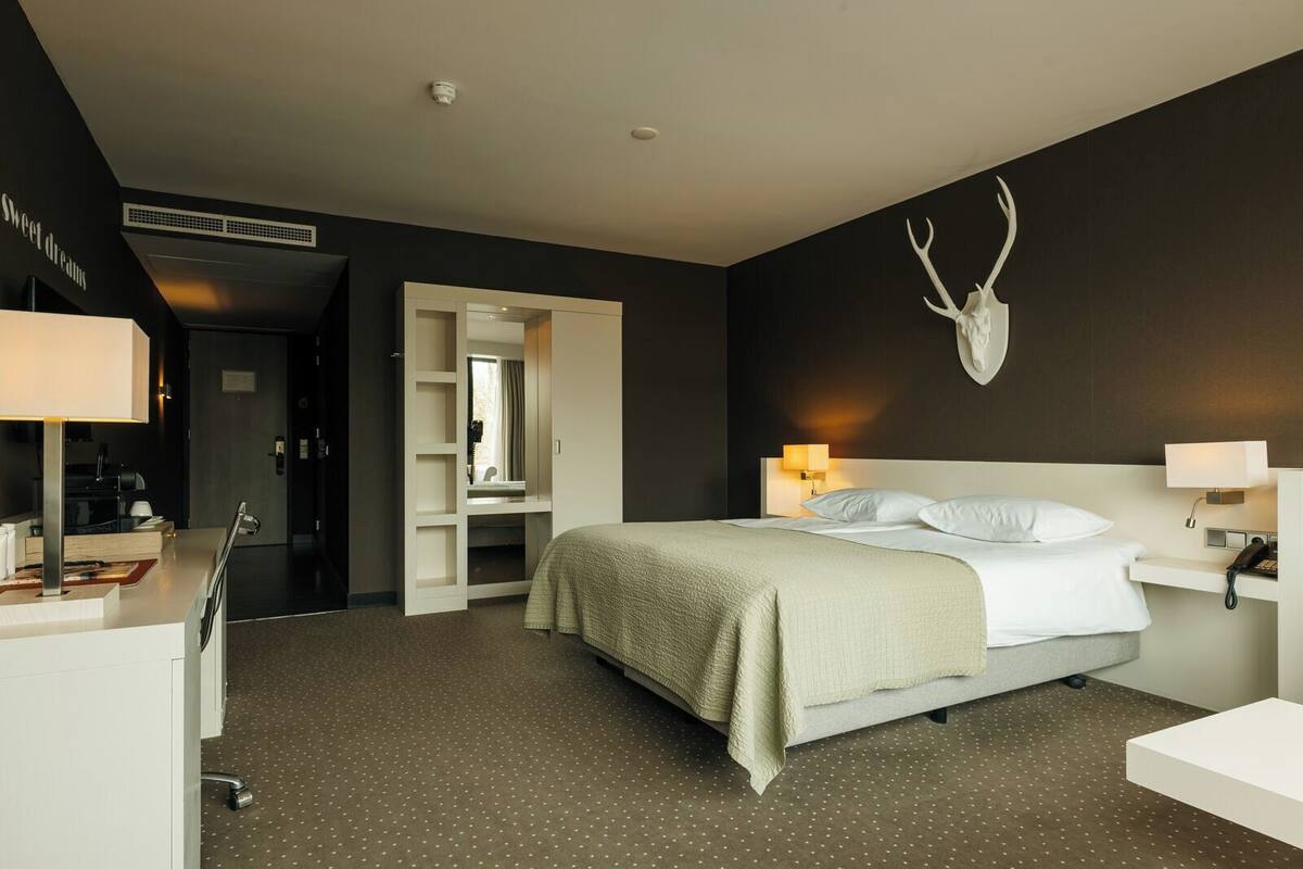 Habitación de hotel con cama, lámparas de noche, un espejo, perchero y un adorno de cabeza de ciervo montado en la pared.