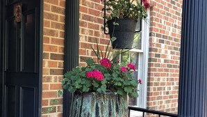 Una jardinera grande con flores rosas y una maceta colgante con más flores, colocadas sobre un muro de ladrillo junto a una puerta negra.