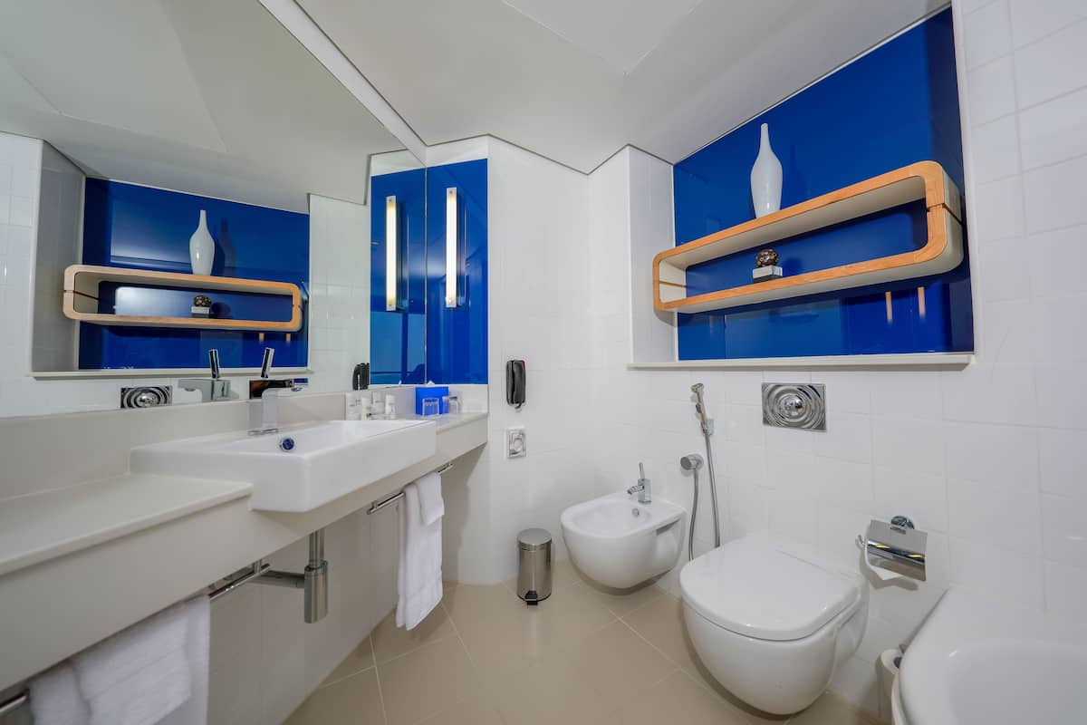 designer toiletries, hair dryer, slippers, bidet