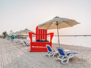 En privat strand, gratis strandtransport