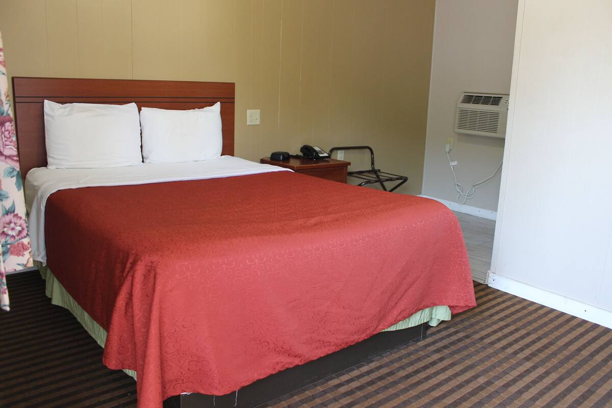 A hotel room with a large bed, a bedside table with a phone, and an air conditioning unit.