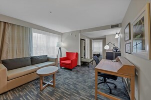 Desk, laptop workspace, blackout drapes, iron/ironing board