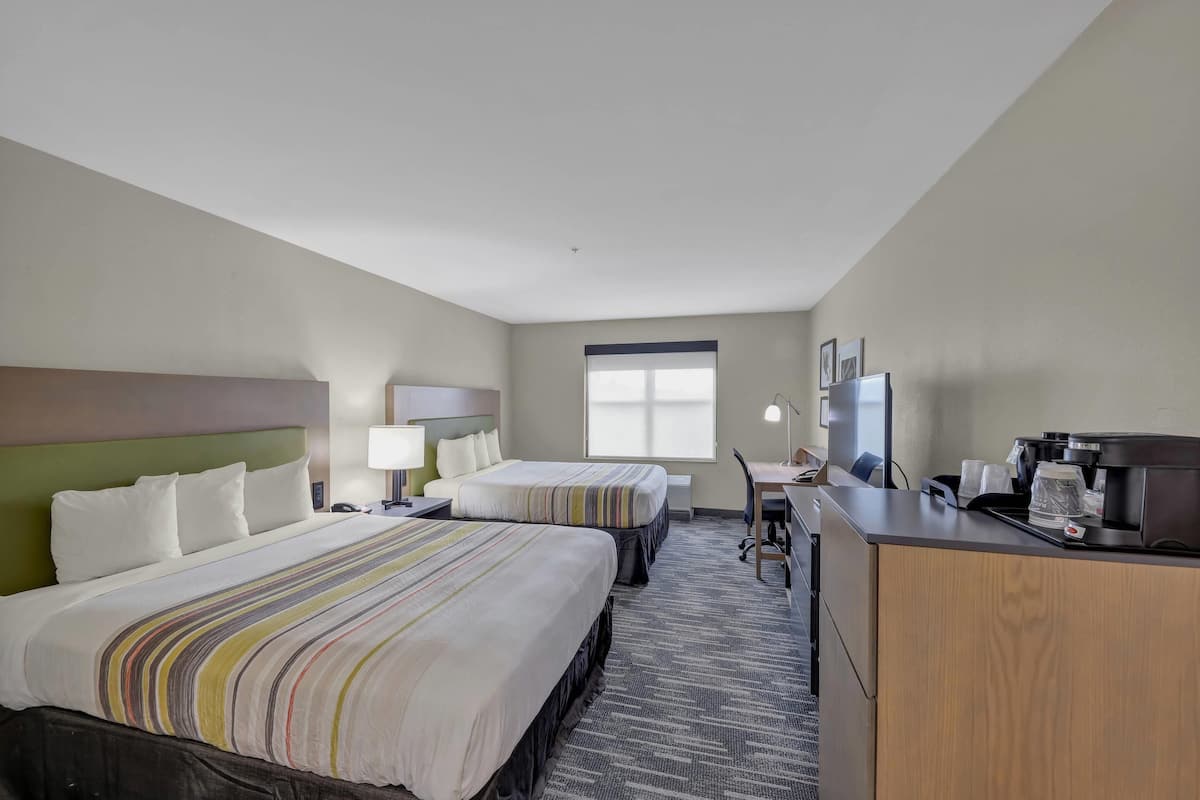 Room, 2 Queen Beds, Non Smoking | Desk, laptop workspace, blackout drapes, iron/ironing board