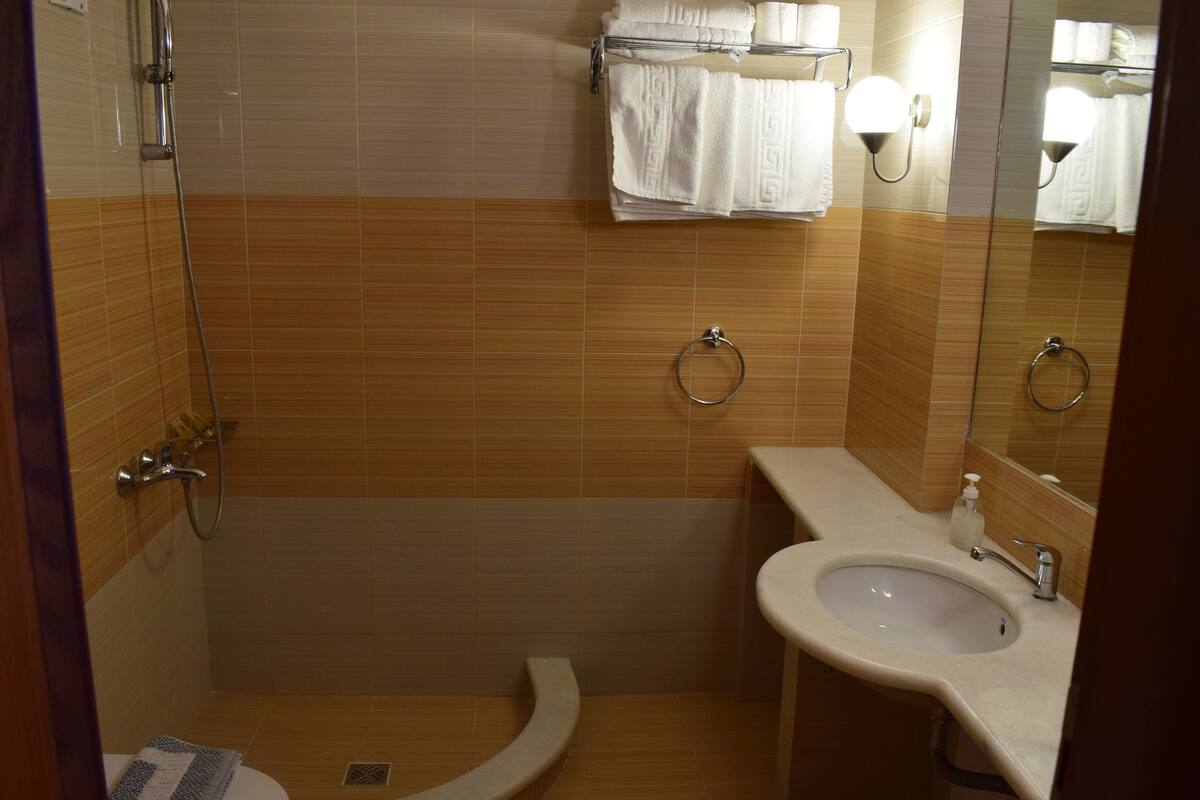 family room | bathroom | shower, free toiletries, hair dryer, towels