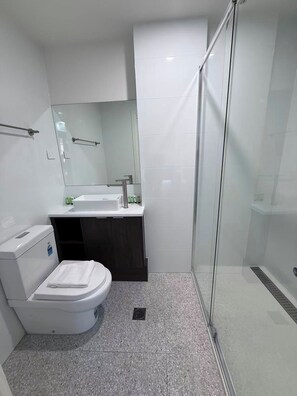 Shower, free toiletries, hair dryer, towels