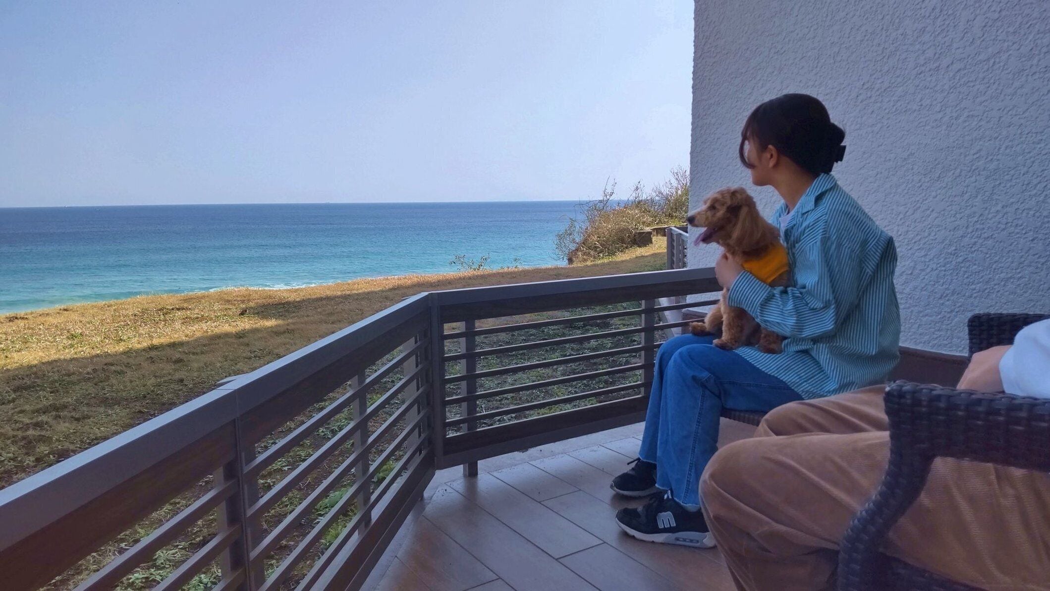 A person sitting on a balcony with a view of the sea.