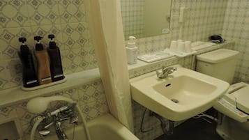 A bathroom with a sink, mirror, shower, and toiletries.