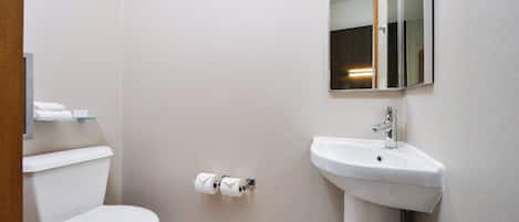 A bathroom with a toilet, sink, and toilet paper.