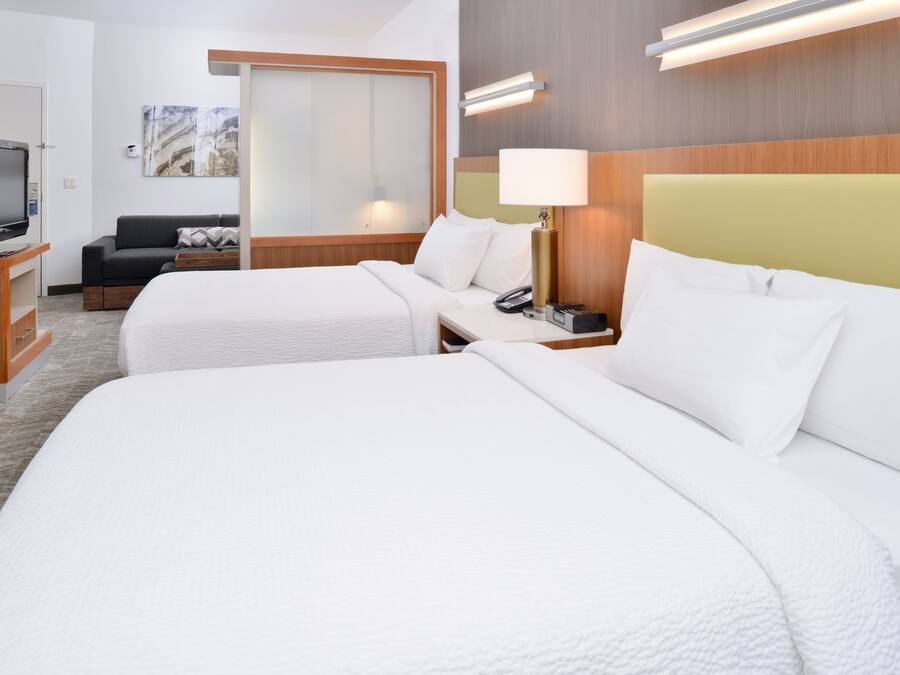 Habitació d'hotel amb dos llits, televisió, escriptori i sofà.