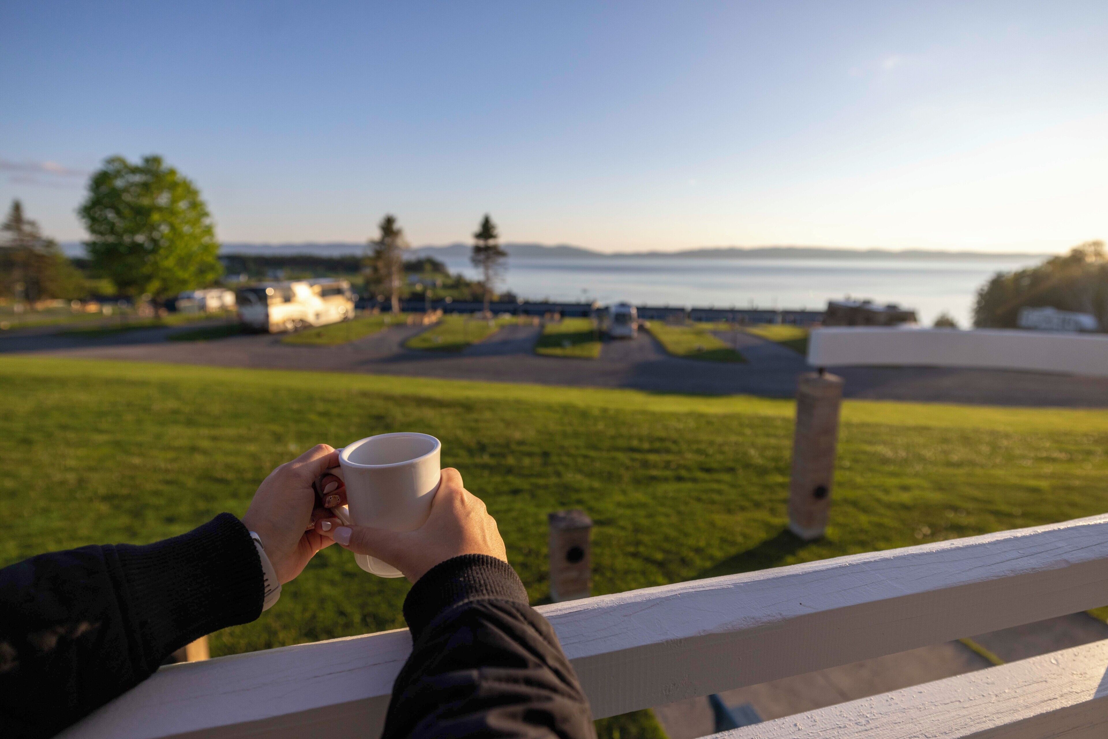 A person holding a mug, overlooking a park with a body of water and distant mountains.