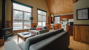 Una sala de estar acogedora con chimenea, ventanas amplias y una zona de cocina.
