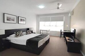 Pillow-top beds, desk, blackout curtains, soundproofing