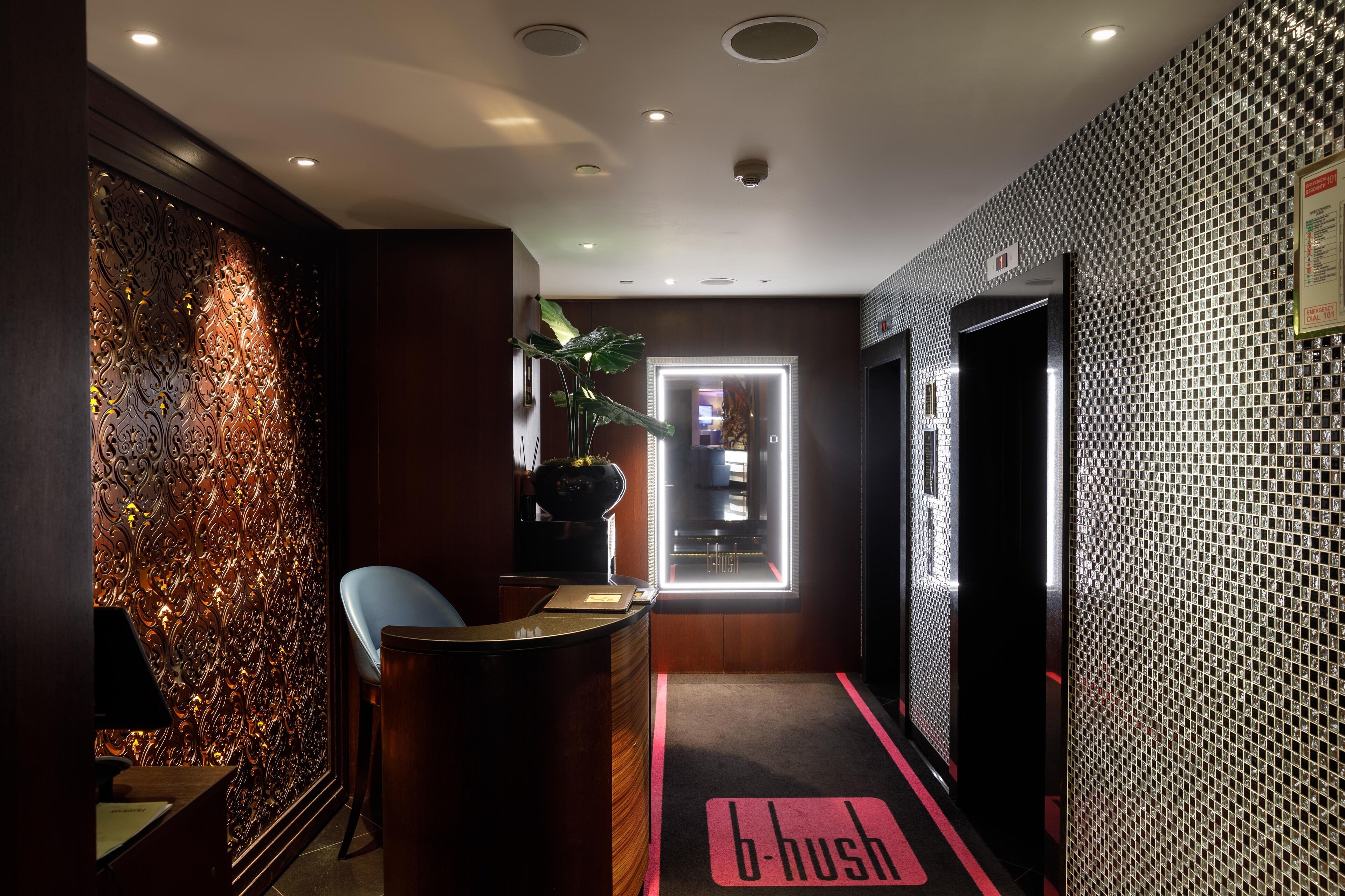 A reception area with a wooden panel wall, a reception desk, a chair, and a plant.