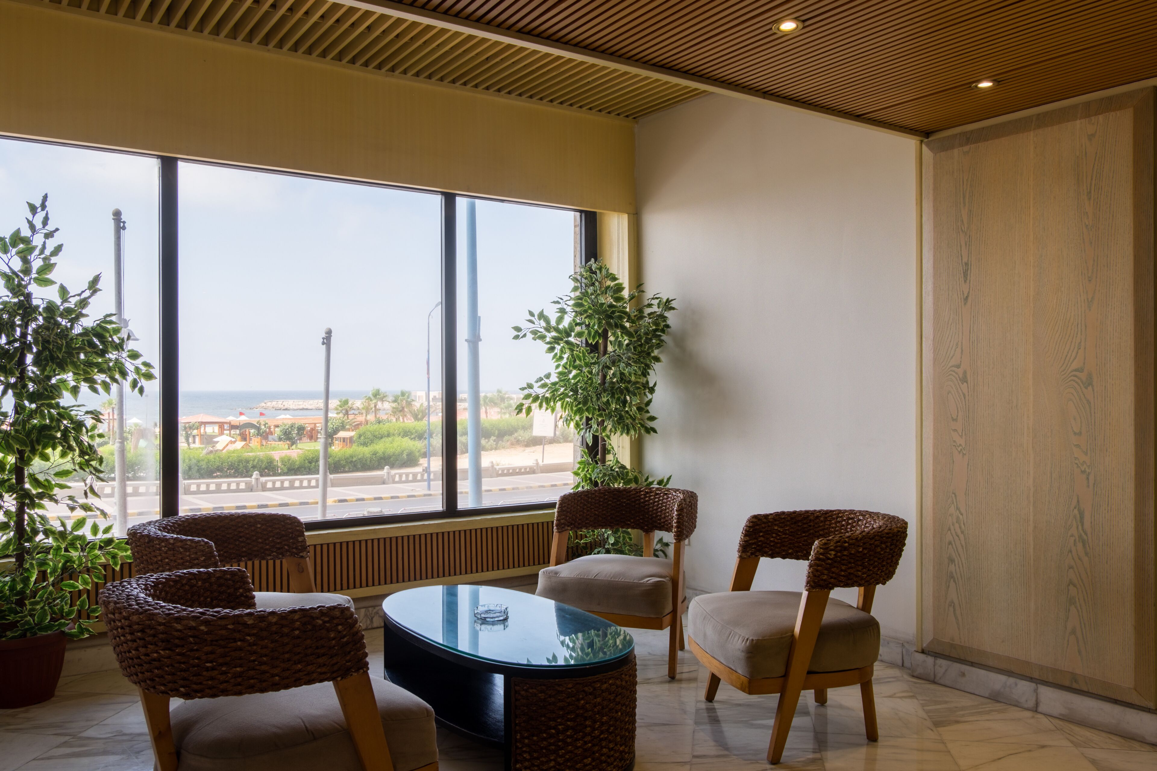 Una habitación moderna con ventanas amplias, sillas de mimbre, una mesa de vidrio y una planta en maceta.